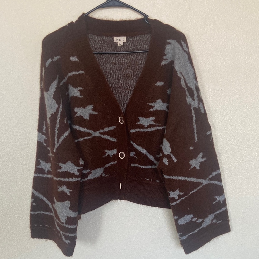 POL Brown and Gray Women's Crop Button Down Sweater Women’s M